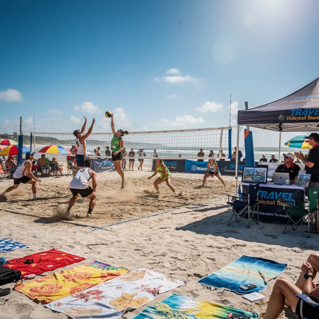 Widok tropikalnej plaży z palmami i turkusową wodą w tle